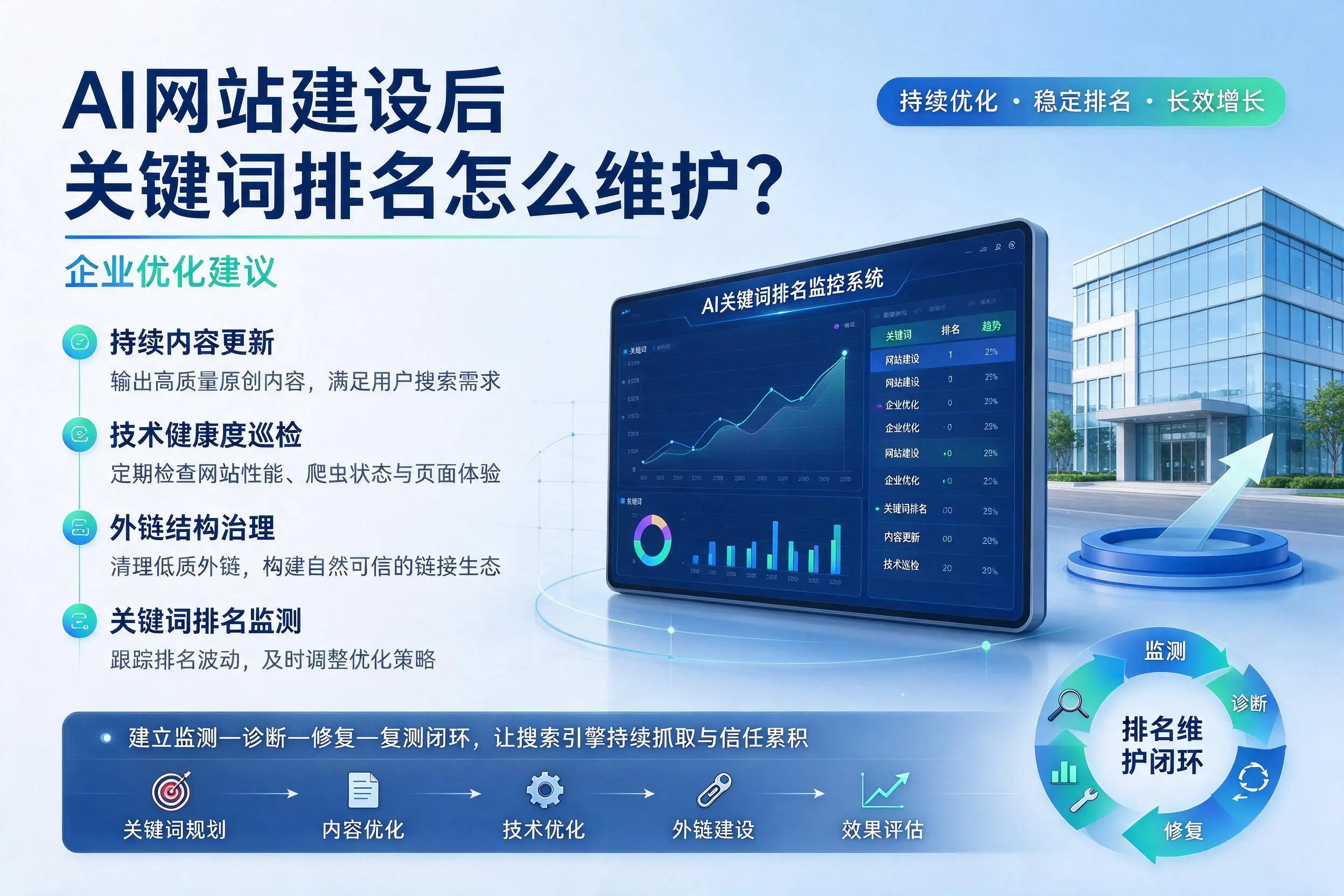 AI网站建设后关键词排名怎么维护?舟山企业优化建议