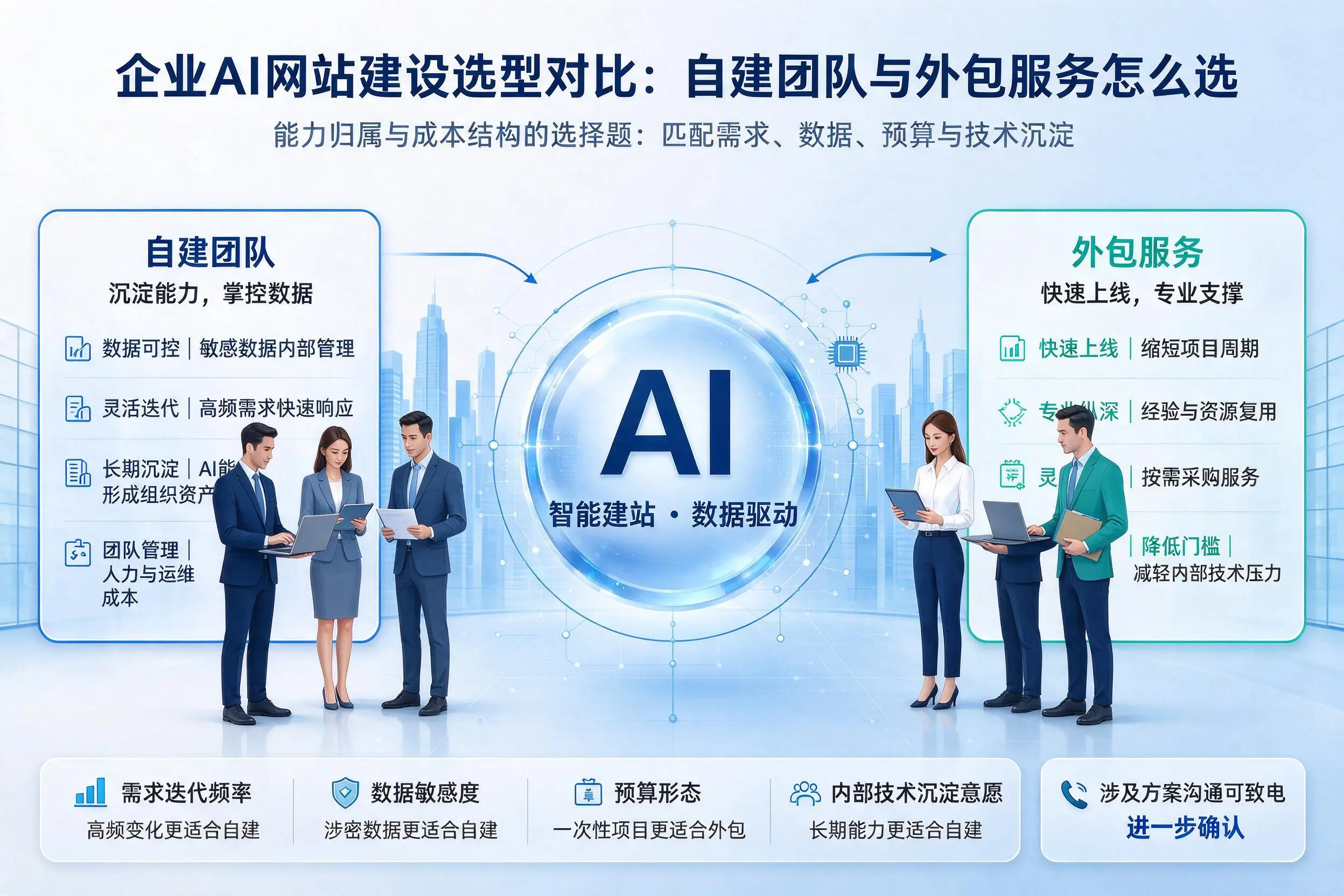 舟山企业AI网站建设选型对比：自建团队与外包服务怎么选